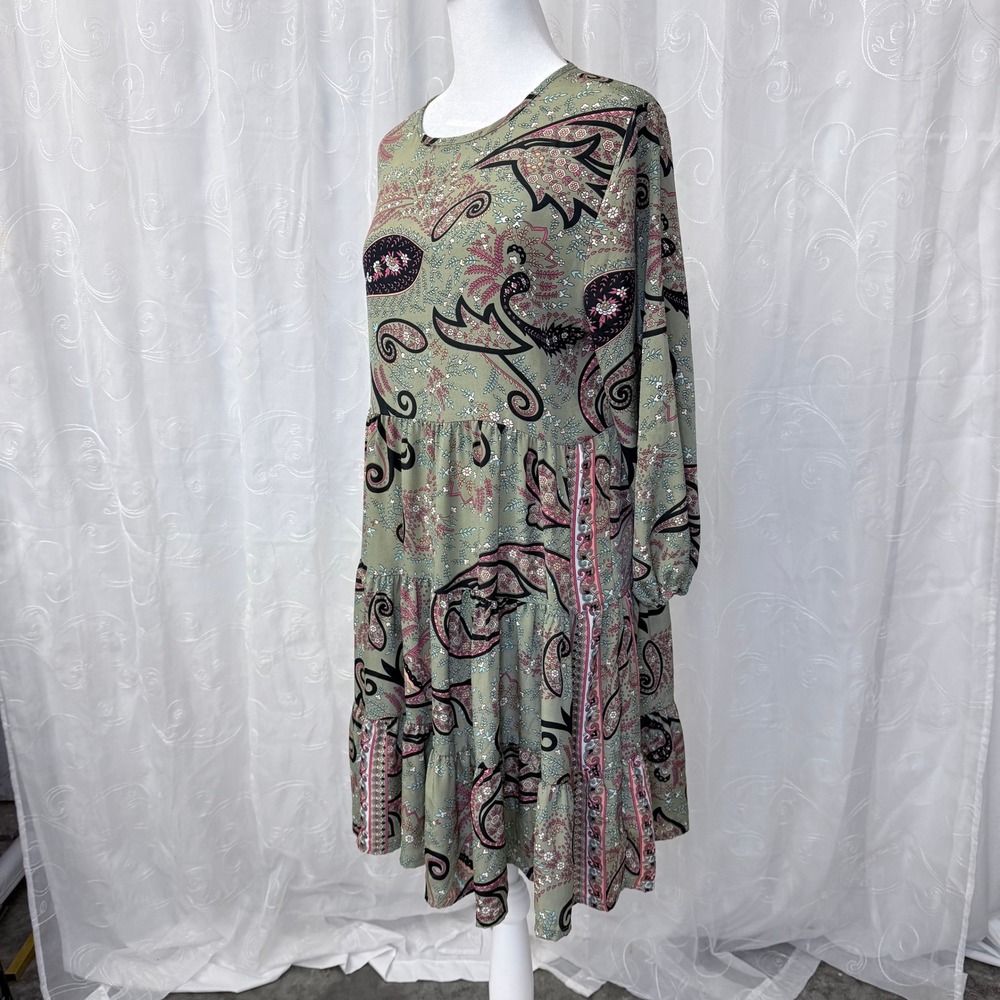 Paani Sage Green Paisley Tiered Babydoll Dress Long Sleeve Boho Mini Small - Picture 2 of 7